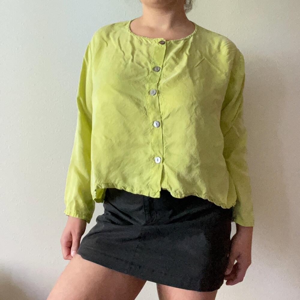 90s vintage bright green button up blouse maximalist dopamine dressing Size M/L